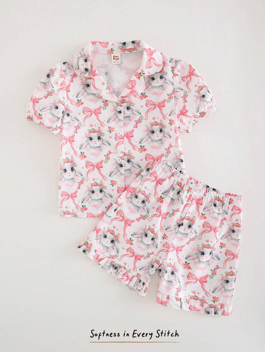 Cozy Pixies Conjunto de 2 piezas de parte superior con botones de manga corta y estampado de animales de dibujos animados, y pantalones cortos de cintura elástica para niñas - Rosa - Ver 1