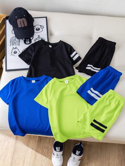 Conjunto de 3 piezas de ropa de verano para niños, estilo deportivo casual para niño pequeño con parte superior de manga corta y cuello redondo con estampado geométrico y pantalones cortos impresos geométricos 2 piezas, adecuado para deportes al aire libre, ocio y hogar