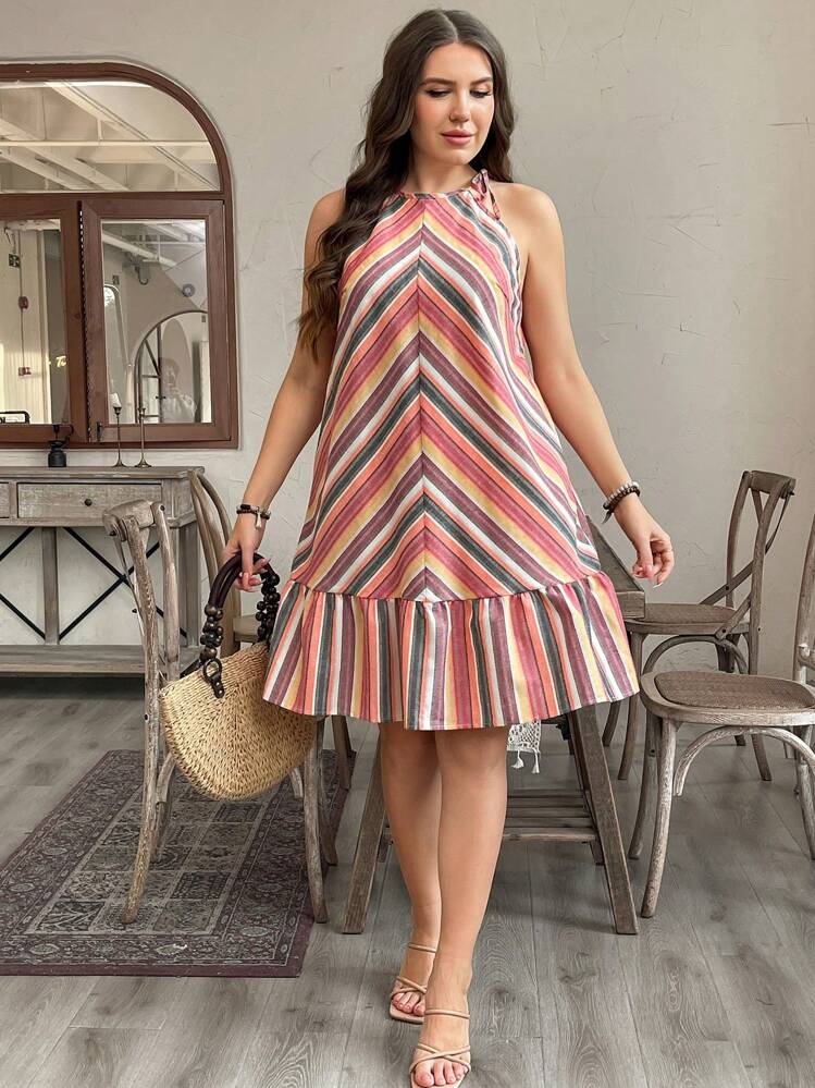 SHEIN LUNE 大码夏季彩虹条纹挂脖荷叶边下摆连衣裙 - 彩色 - 查看 4