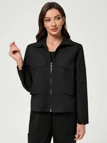 Scrubzie Women's Long Sleeve Scrub Uniform Jacket With Pockets, Suitable For Autumn And Winter - Black - View 6