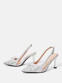 CUCCOO HITCHD Women Silver Rhinestone Bow Point Toe High Heels, Elegant Office Commute Date Wedding Party Formal Pumps