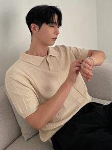 SHEIN X Scheana DAZY Men's Short Sleeve Half-Placket Ribbed Knitted Top, Khaki, Summer,Back To School Clothes - Khaki - View 4