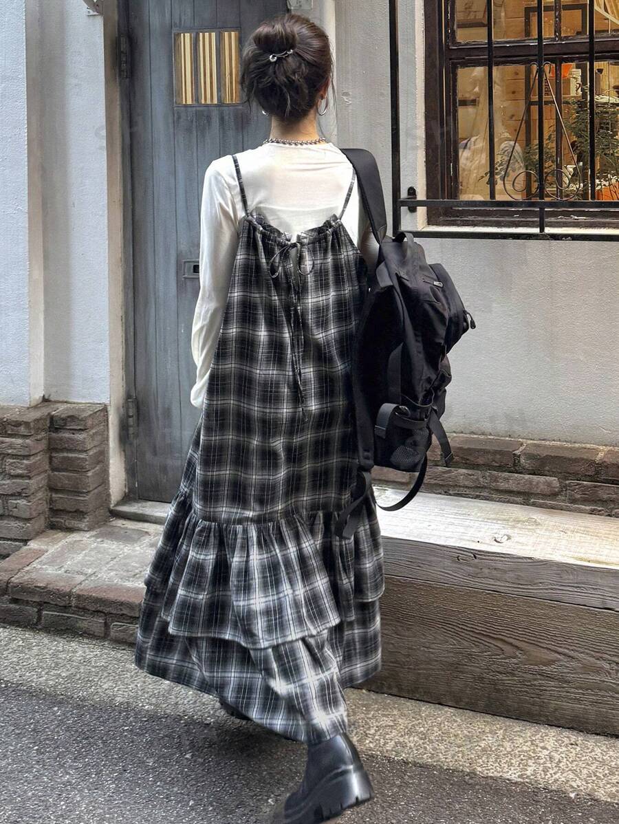 FRIFUL Vestido de mujer con tirantes largos a cuadros, estilo de vacaciones de primavera/verano, vestidos casuales para mujeres