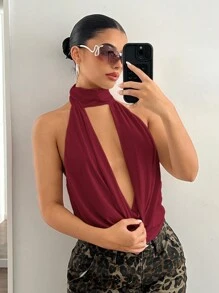 SHEIN ICON Women's Sexy Cut-Out Halter Solid Backless Sleeveless Tank Top For Going Out - Burgundy - View 3