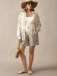 SHEIN Maternity Drop Shoulder Long Sleeve Button-Up Shirt And Adjustable Waist Straight Leg Shorts 2 Pieces Set - Blue and White - View 4