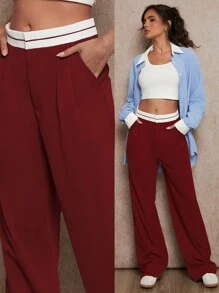 Forever 21 Women's Solid Color Patchwork Pocket Design Casual Long Pants, Daily Wear - Burgundy - View 1