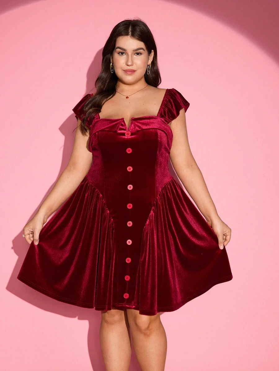 SHEIN MOD Vestido mini con mangas cortas de estilo vintage lujoso y dulce para tallas grandes - Rojo - Ver 1