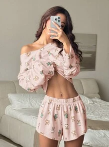 SHEIN EZwear 女士休闲可爱熊图案露肩短款运动衫和宽松短裤家居服套装 - 粉色 - 查看 4