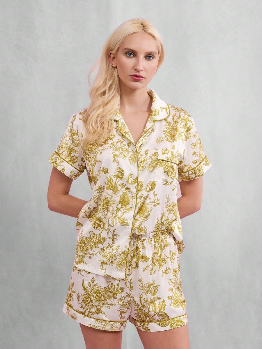 TryMe Garden Print Lapel Collared Button Down Short Sleeve Satin Pajama Set - Green - View 1