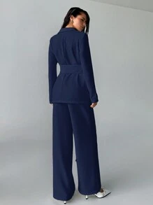 Aloruh 女士白色两件套商务套装：西装外套和裤子，适合通勤、秋冬季 - 藏蓝色 - 查看 2