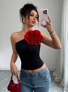 Rafferiza Casual Sexy Knit 3D Floral Color Block Oblique Collar Asymmetrical Neck Camisole Top For Women