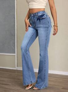 SHEIN SXY Casual Cute Printed Women's Flare Denim Jeans - Blue - View 3