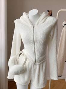 SHEIN EZwear 女士纯色长袖短款休闲连帽夹克，秋冬新品 - 白色 - 查看 3
