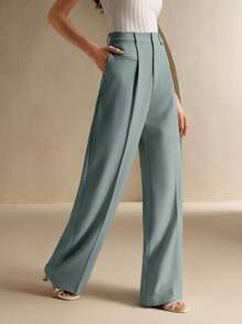 Anewsta 纯色时尚优雅现代女式直筒西装裤，适合度假和新年 - 藍色 - 查看 5