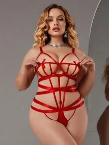 Plus Size Valentine's Day Gift, Binding Restriction Slimming Cutout Bow Underwire Uplifting Hollowed-Out Criss-Cross Red Adjustable Lingerie