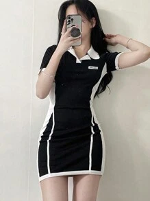 DAZY 女式拼色翻领裹身迷你连衣裙、春夏挤奶女工裙太阳裙、休闲女装、返校服 - 黑色 - 查看 7