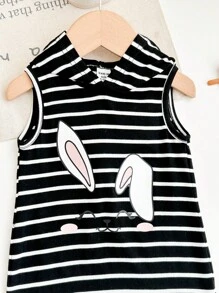 SHEIN 女童可爱夏季针织条纹卡通图案连衣裙 - 彩色 - 查看 6