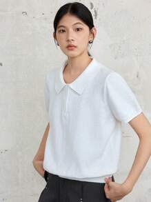 Dazy-Less Damen weite minimalistische Business Lässig Halb-Reißverschluss Kurzarm Pullover Old Money - Beige - Übersicht 9