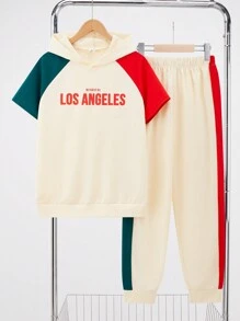 SHEIN Leap Crew 2pcs Set Teen Boys Casual Colorblock Patchwork Short Sleeve Shorts Set, Street Punk Rock Style For Daily Wear, Party, Music Festival, Spring & Summer - Multicolor - View 2