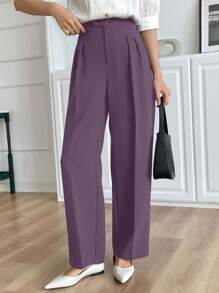 DAZY Quần ống đứng xếp ly màu trơn đơn sắc thường ngày cho nữ Quần công sở nữ - Màu tím - Xem 4