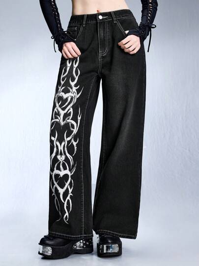 Grunge Punk Women's Y3K Metal Thorn Heart Printed Jeans