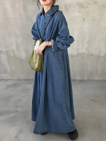 FRIFUL Women's Loose Fit Blue Denim Dress With Pleated Detail