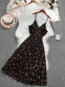 SHEIN LUNE 大码女式无袖樱桃印花连衣裙（带夹克）2 件套 - 彩色 - 查看 2