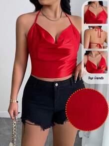 SHEIN Unity 1pc Spaghetti Strap Backless Strappy Plus Size Tank Top, Sexy Vacation Wear, Valentine Red & New Year - Red - View 5