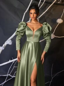 Glamrae Robe de soirée longue élégante en satin à manches ballons, col V en maille, corsage baleines, taille haute évasée. Robe d'invitée de mariage avec fente haute sur le côté, robe de soirée - Vert - Voir 2