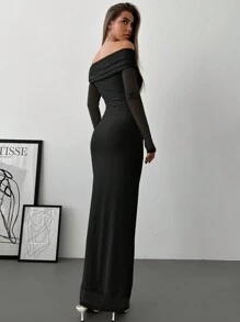 Aloruh Váy suông trễ vai lưới xoắn xếp ly, lãng mạn cho buổi hẹn hò, tay dài - màu đen - Xem 2