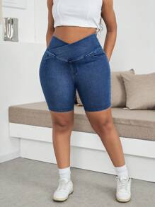 Dripcurv Plus Size Women's Stretch Denim Shorts, Casual Skinny Fit ,Casual Denim Knitted Stretch Short Leggings  ,Super Short Cycling Shorts,Casual Daily Wear ,Yoga Sports  ,High Waist Crossed Design Skinny