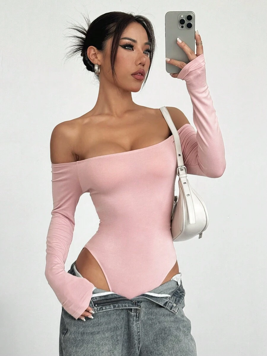SHEIN EZwear Pink Off Shoulder Bodysuit For Women - Pink - View 1