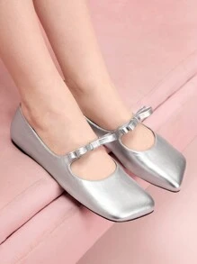 CUCCOO DOLLMOD Women's Cute Minimalist Flat Shoes With Oblique Square Toe, Silver Color, Bowknot Decor Valentine's Day