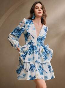 Anewsta Women's Deep V-Neck Puff Sleeve Ruffle Trim Vacation Mini Dress - Blue - View 4