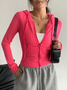 SHEIN Unity 女士纯色拉链连帽衫，长袖，休闲时尚，适合日常穿着