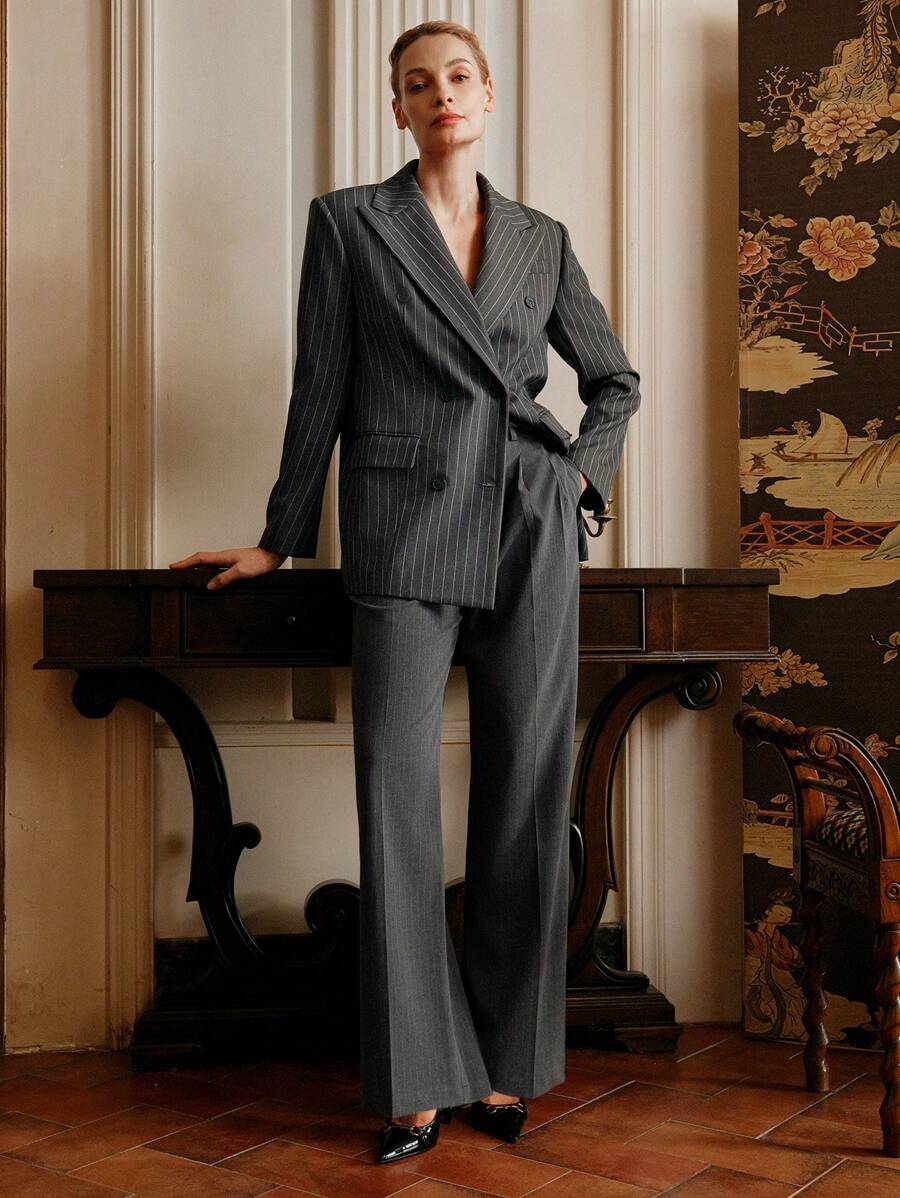 Anewsta Elaire Belted Commuter Standard Striped Pleated High Waist Straight Suit Pants Old Money - Grey - View 1