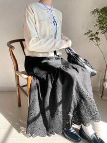 FRIFUL Women's Black A-Line Embroidered Patchwork Skirt - Black - View 2