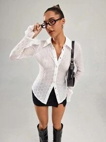 SHEIN BAE Women Casual Plain Textured Long Sleeve Blouse - White - View 1