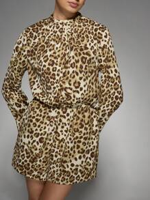 MISSGUIDED Elegant Leopard Print Romper Playsuit Short Jumpsuit With Long Sleeves Mock Neck Party Club Evening Special Occasion Spring Summer Fall - Multicolor - View 4