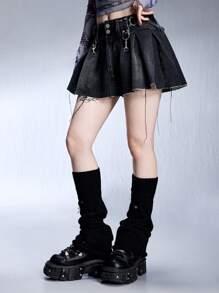 ROMWE Grunge Punk Women Vintage Washed Ripped Pleated Denim Mini Skirt - Black - View 6