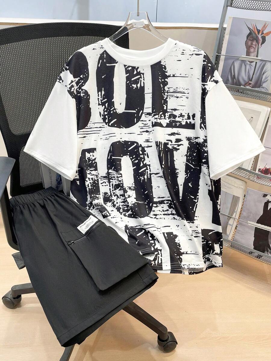 SHEIN Leap Crew 2pcs/Set Teen Boys Casual English Text Printed T-Shirt And Shorts Set, Street Punk Rock School Style Outfit, Suitable For Spring/Summer, Boys Festival Costume Tween Clothes - Multicolor - View 1