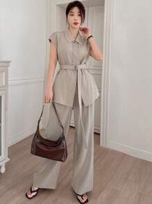 DAZY 2 件套女士无袖束带衬衫和阔腿裤教师装