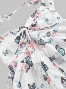 SHEIN MOD Áo thun nữ tay phồng bất đối xứng họa tiết bướm, phong cách Bohemian, thích hợp cho kỳ nghỉ, ngày Valentine, áo croptop, áo thun mùa hè, áo thun có nơ. - Nhiều màu - Xem 3