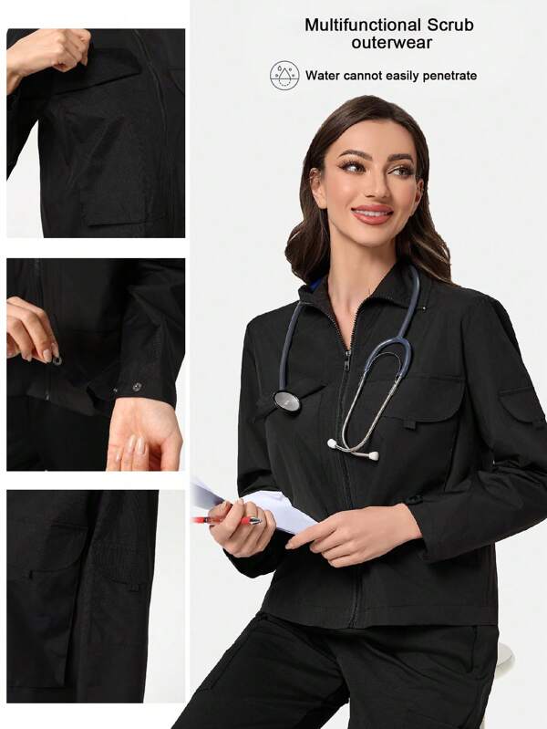 Scrubzie Chaqueta uniforme de manga larga para mujer con bolsillos, adecuada para otoño e invierno