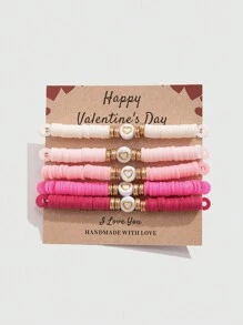 ROMWE Kawaii Set 5 Gelang Tanah Liat Polimer Merah Muda Sederhana Romantis, Hadiah Liburan untuk Keluarga dan Teman di Hari Valentine - MultiWarna - View 1