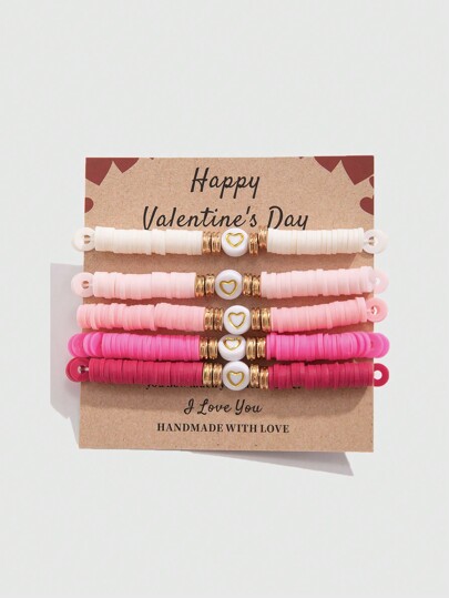 Kawaii 5pcs Romantic Simple Pink Polymer Clay Bracelet Set, Holiday Gift For Family And Friends For Valentine's Day