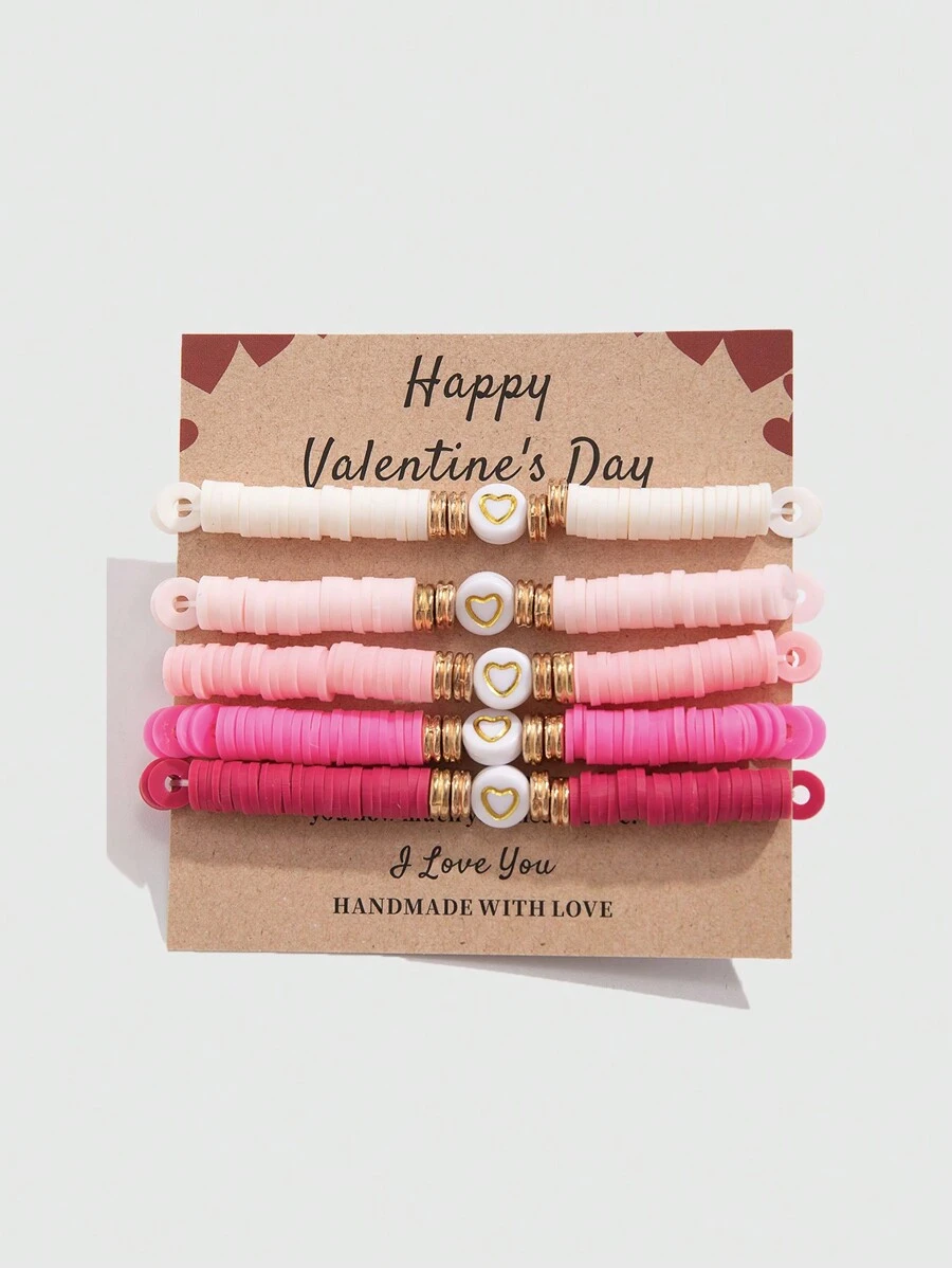ROMWE Kawaii Set 5 Gelang Tanah Liat Polimer Merah Muda Sederhana Romantis, Hadiah Liburan untuk Keluarga dan Teman di Hari Valentine - MultiWarna - View 1