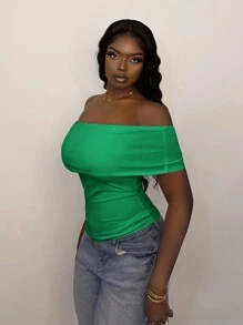 Slaydiva New Green Foldover Off Shoulder Fitted Blouse Top, Summer - Green - View 3