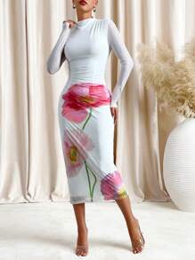 Lavishia Women Floral Print Ruched Long Sleeve Elegant Midi Dress, Bodycon Casual Wear