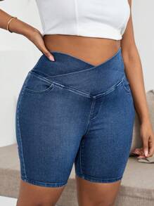 Dripcurv Plus Size Women's Stretch Denim Shorts, Casual Skinny Fit ,Casual Denim Knitted Stretch Short Leggings  ,Super Short Cycling Shorts,Casual Daily Wear ,Yoga Sports  ,High Waist Crossed Design Skinny